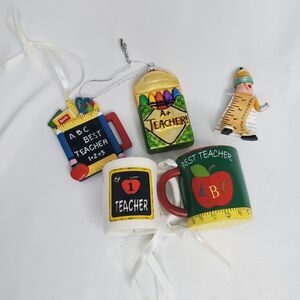 Lot of 5 Vintage and Newer Teacher Christmas Ornaments
